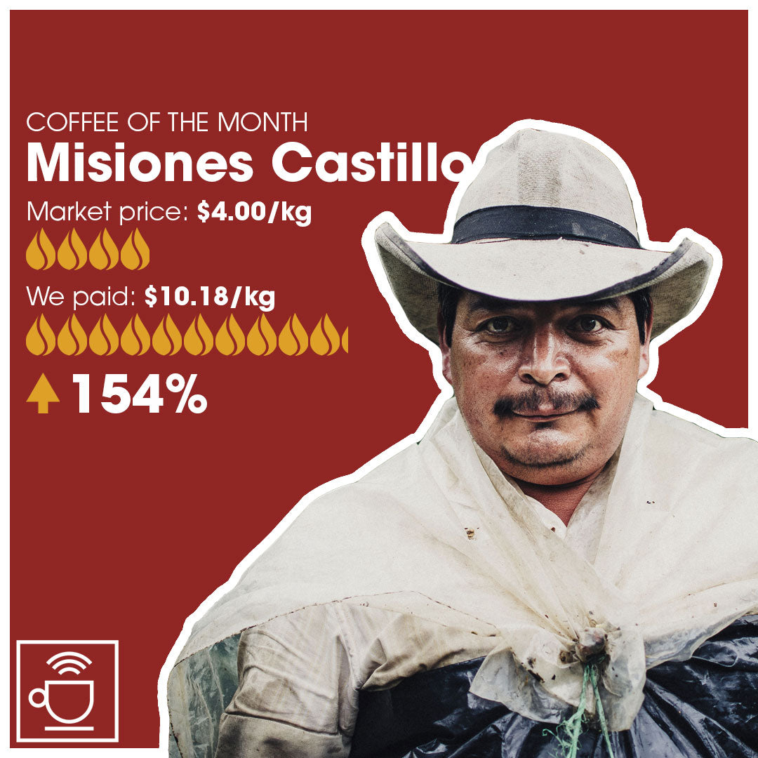 Infolabel for kaffen Misiones Castillo med sammenligning af, hvad vi har betalt og FOB prisen. Kaffeproducent i forgrunden.