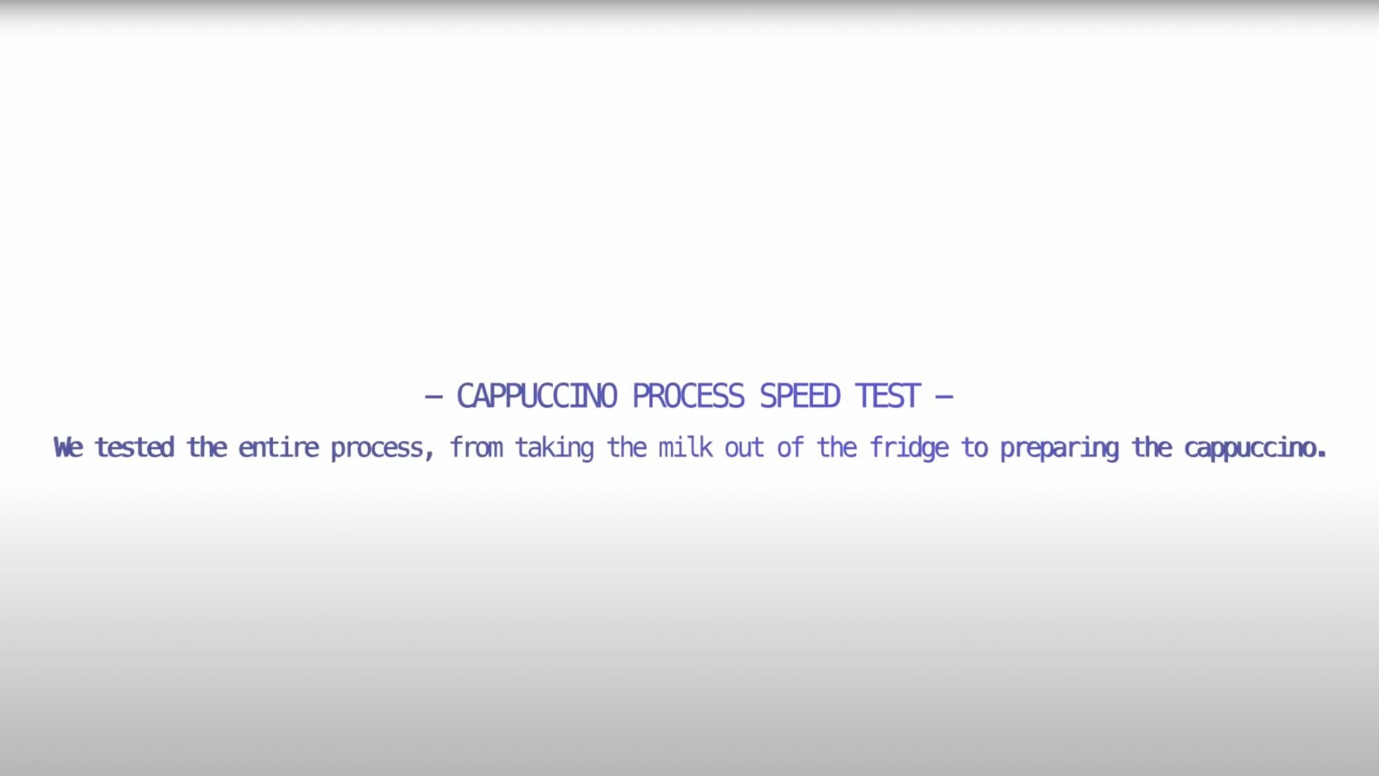 Tekst: "Cappuccino process speed test - we tested the entire process, from taking the milk out of the fridge på preparing the cappuccino."