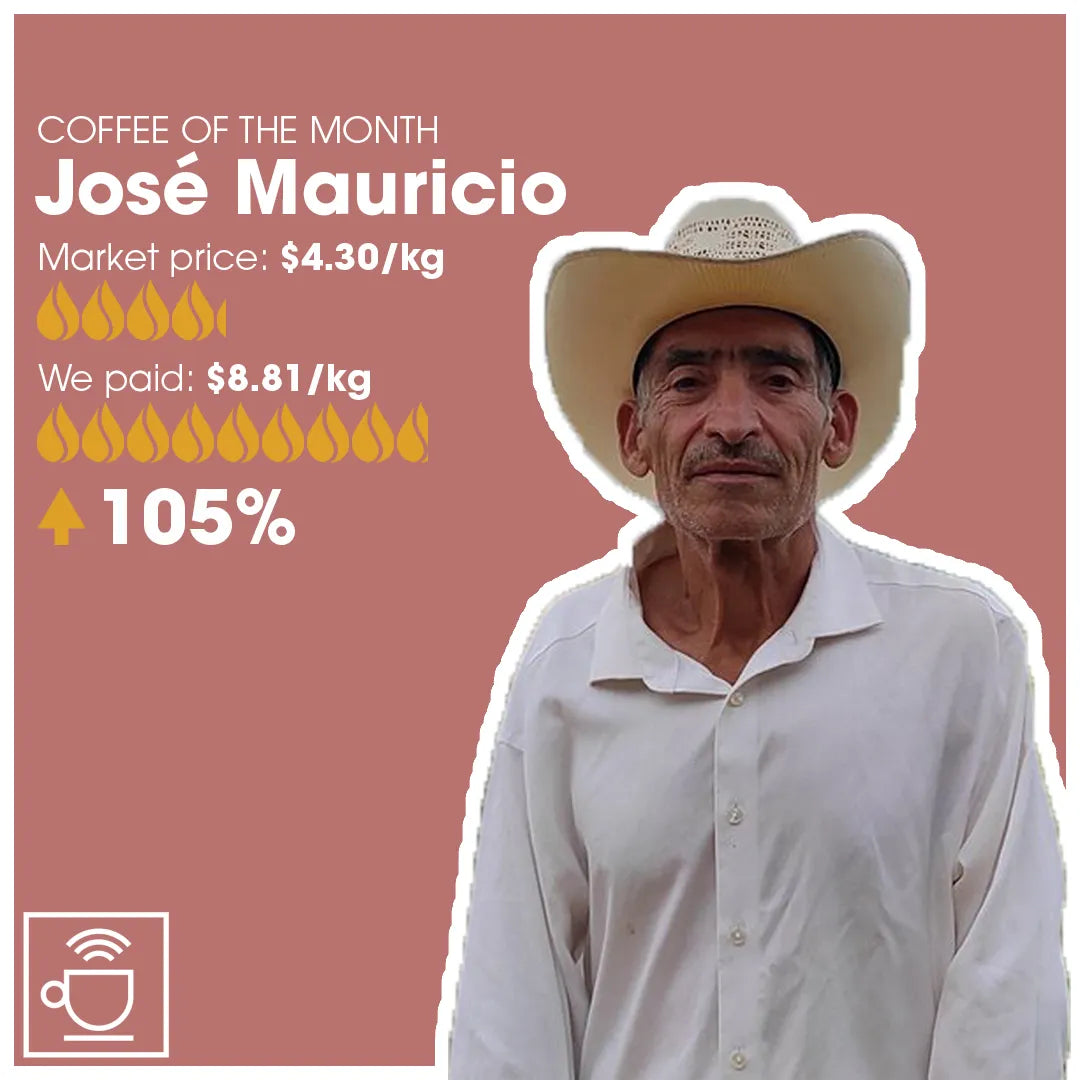 Infolabel for kaffen José Mauricio med illustration af, hvad vi har betalt sammenlignet med FOB prisen og kaffeproducenten afbilledet.