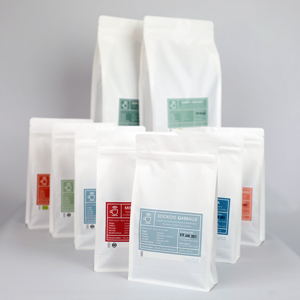 9 forskellige kaffeposer, clevercoffee kaffesortiment