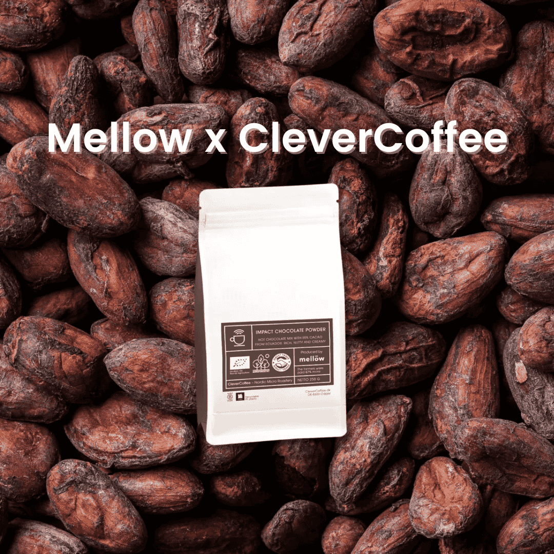Tekst med 'Mellow x CleverCoffee', kakaobønner og pose med IMPACT kakaopulver
