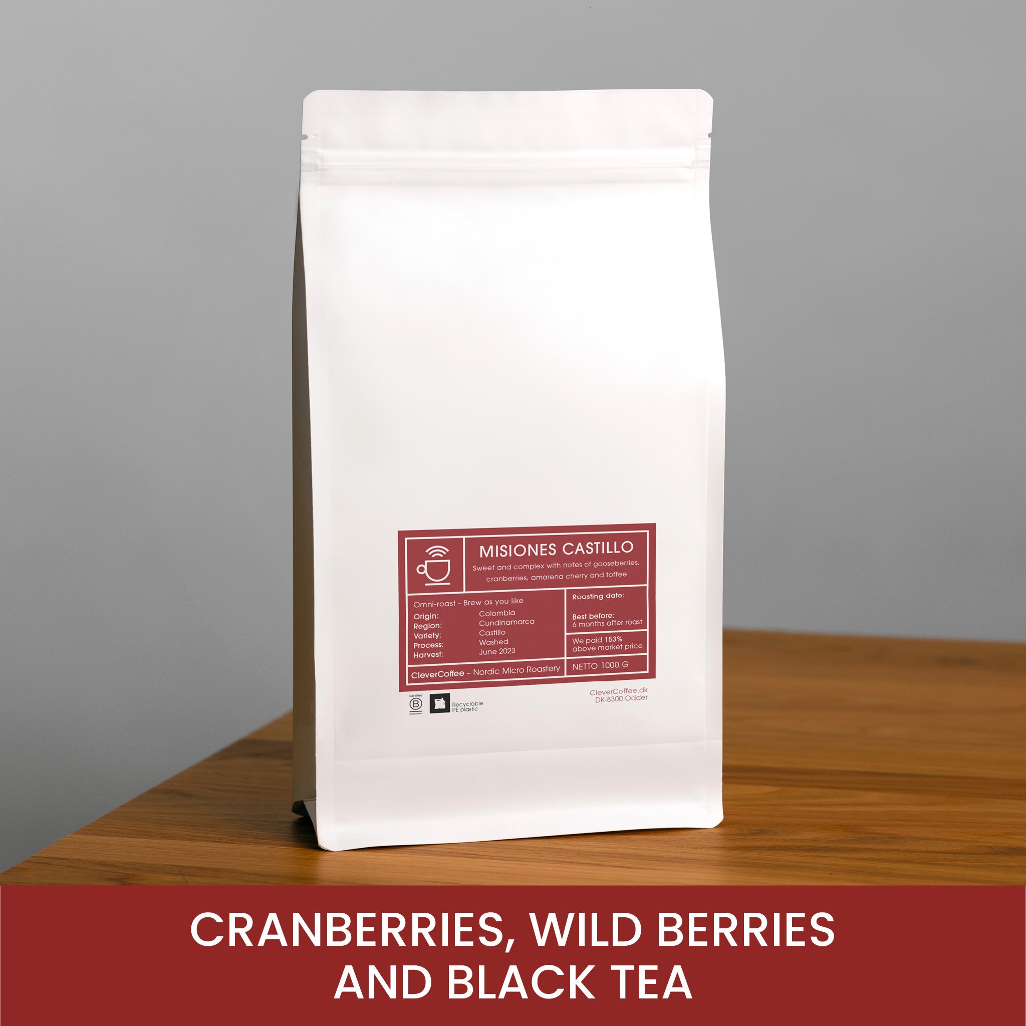 Missiones Castillo kaffepose, med tekst "Cranberries, Wild Berries and Black Tea".
