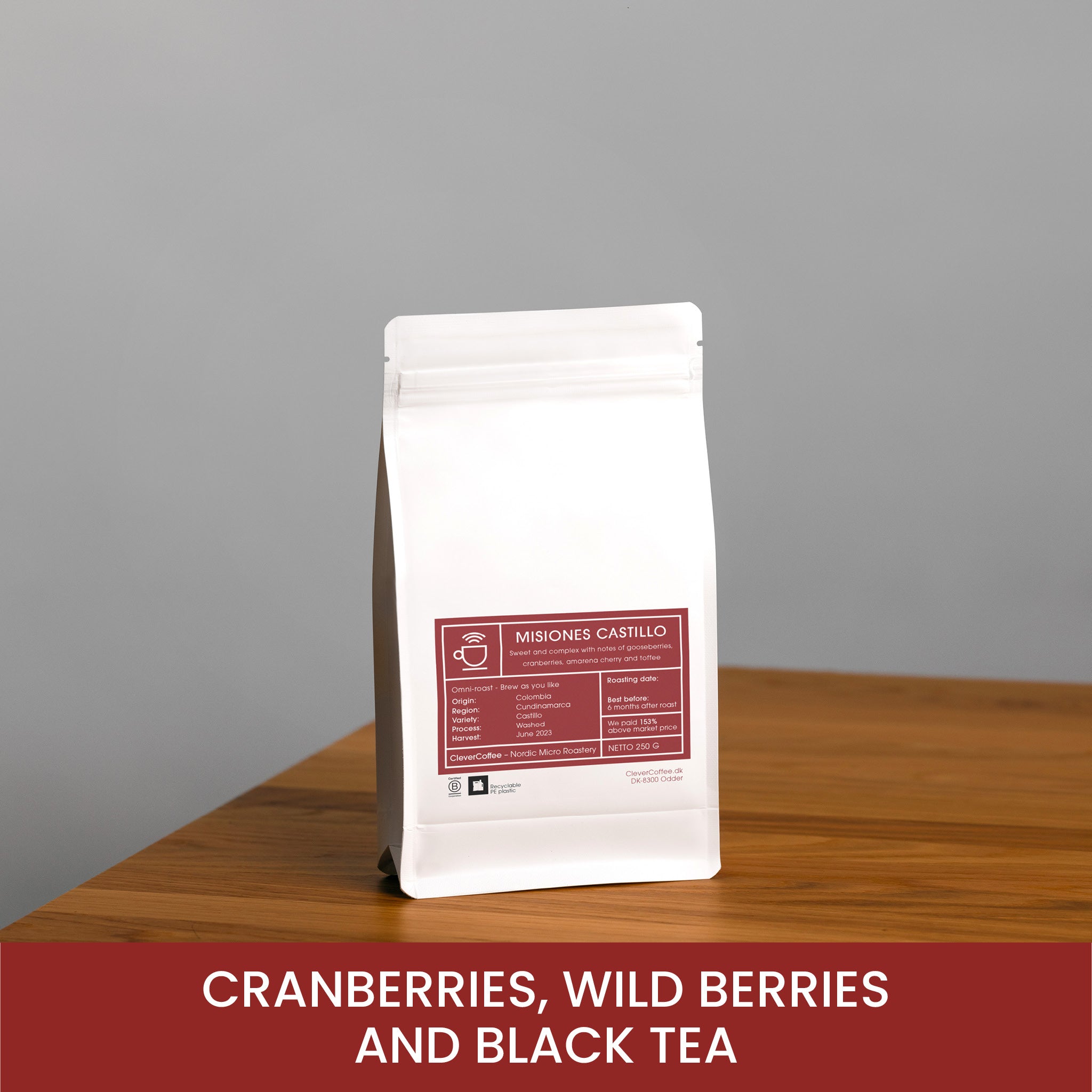Missiones Castillo kaffepose, med tekst "Cranberries, Wild Berries and Black Tea".