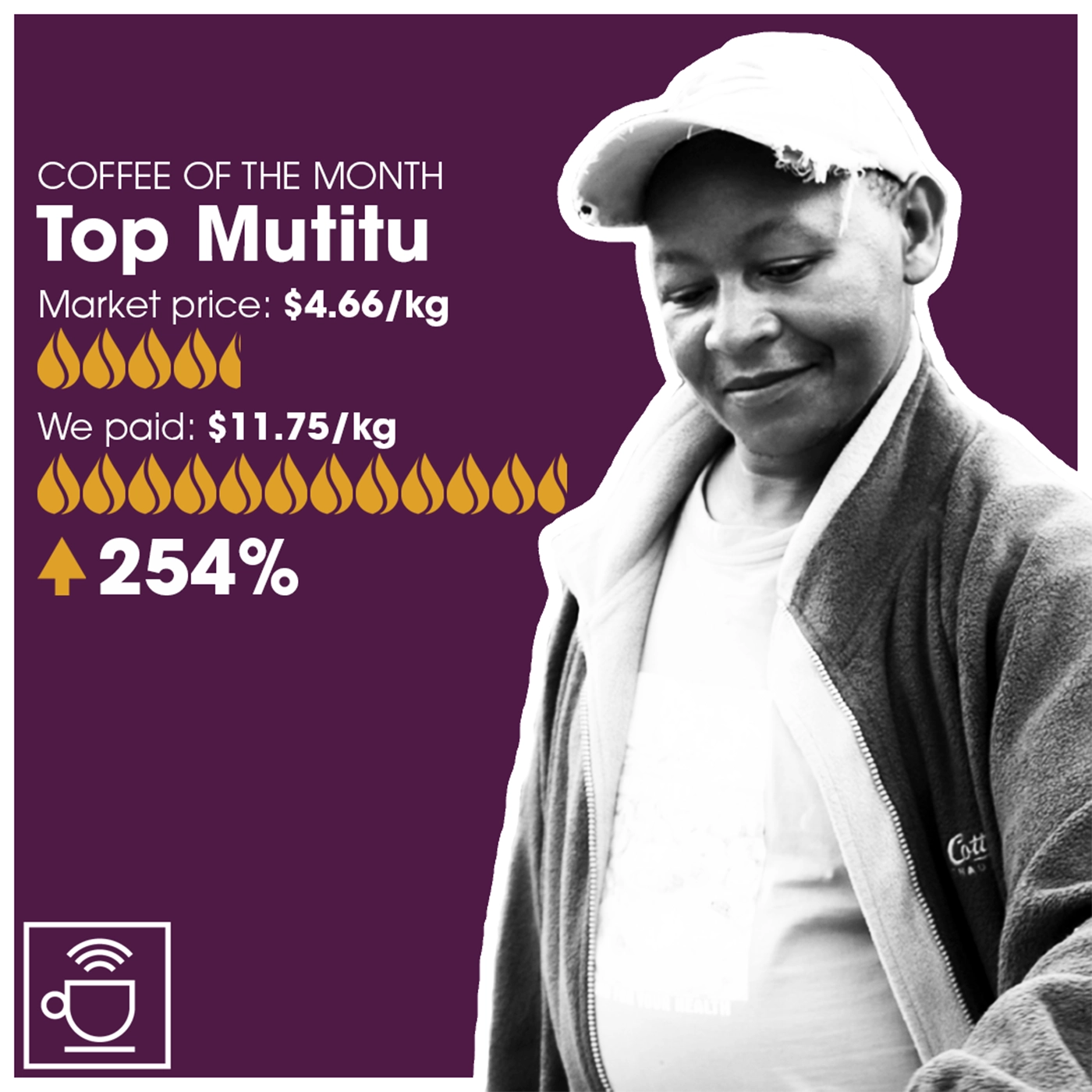 månedens kaffe, top mutitu, markedpris $4,66/kg, CleverCoffee har betalt $11,75/kg, 254% over markedsprisen