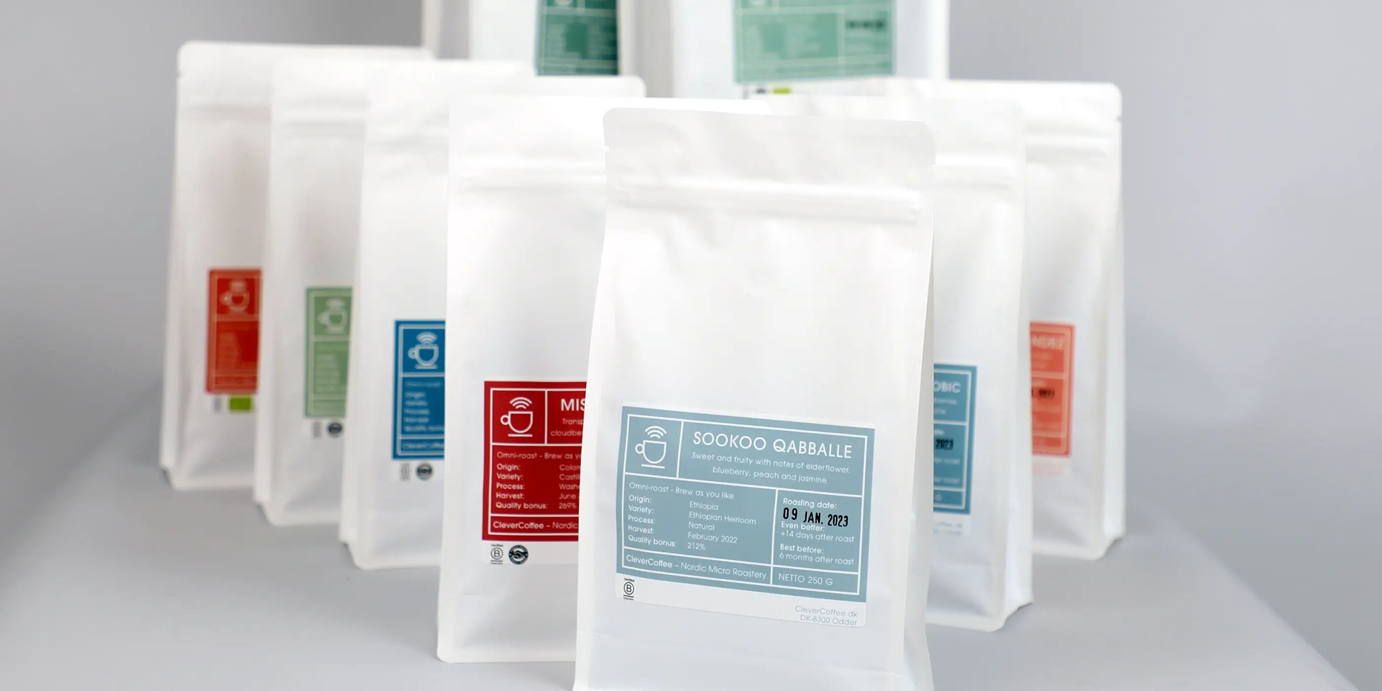 9 forskellige kaffeposer, clevercoffee kaffesortiment 