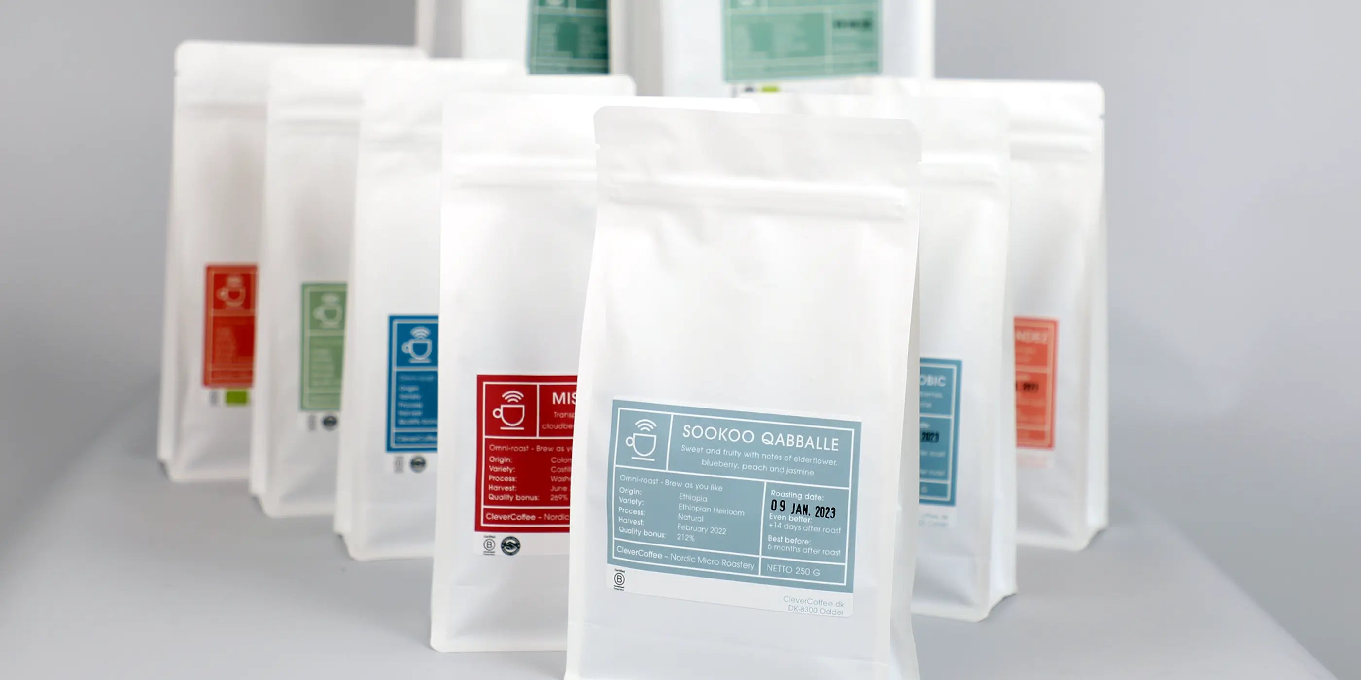 9 forskellige kaffeposer, clevercoffee kaffesortiment