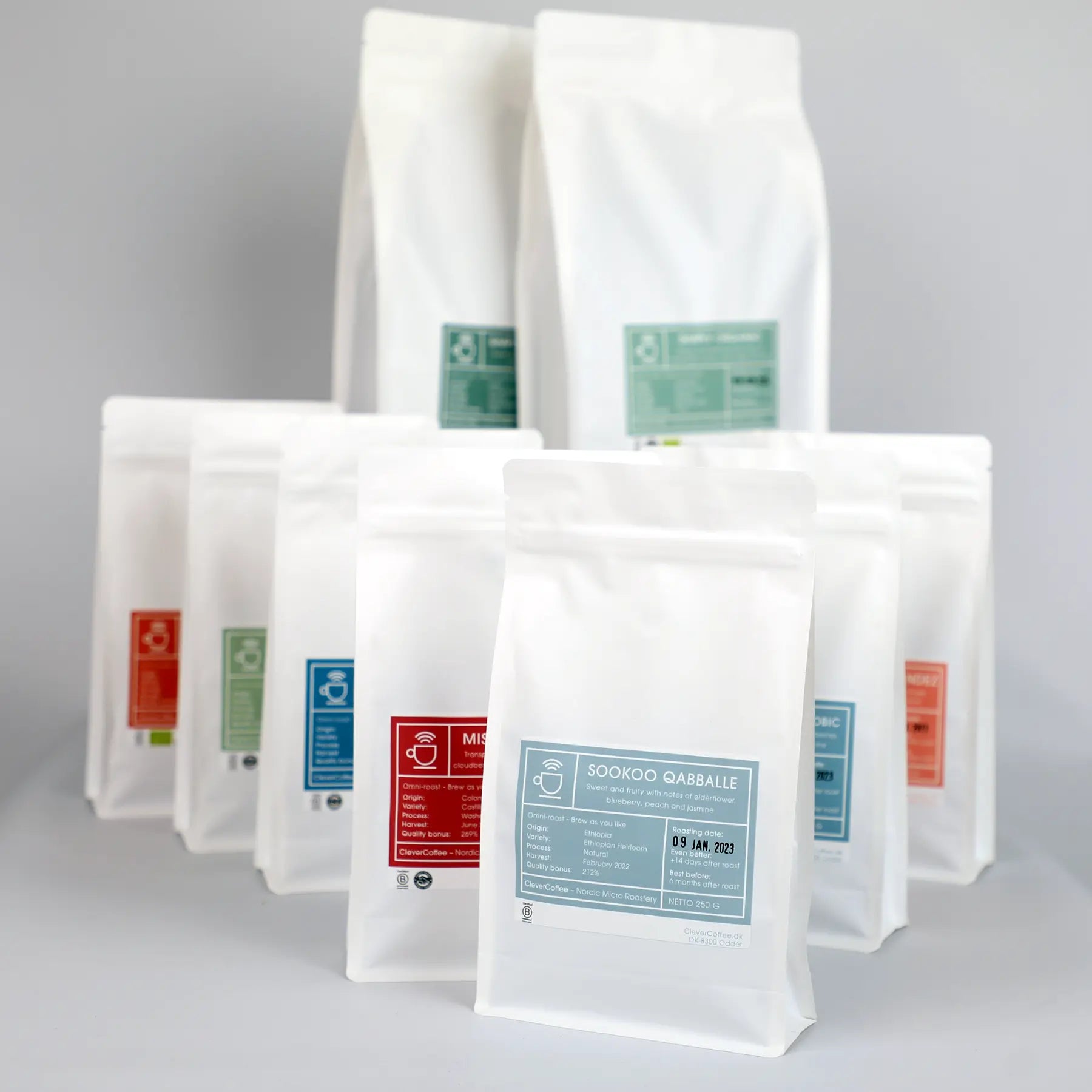 9 forskellige kaffeposer, clevercoffee kaffesortiment