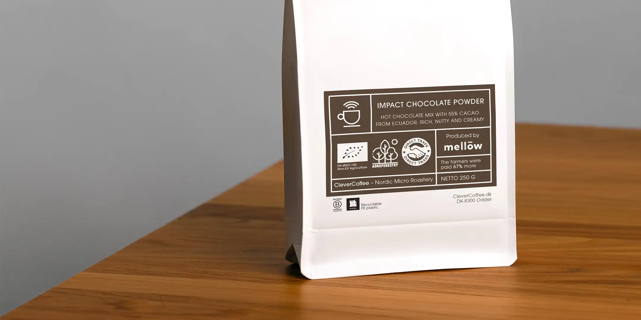 Impact chocolate powder pose