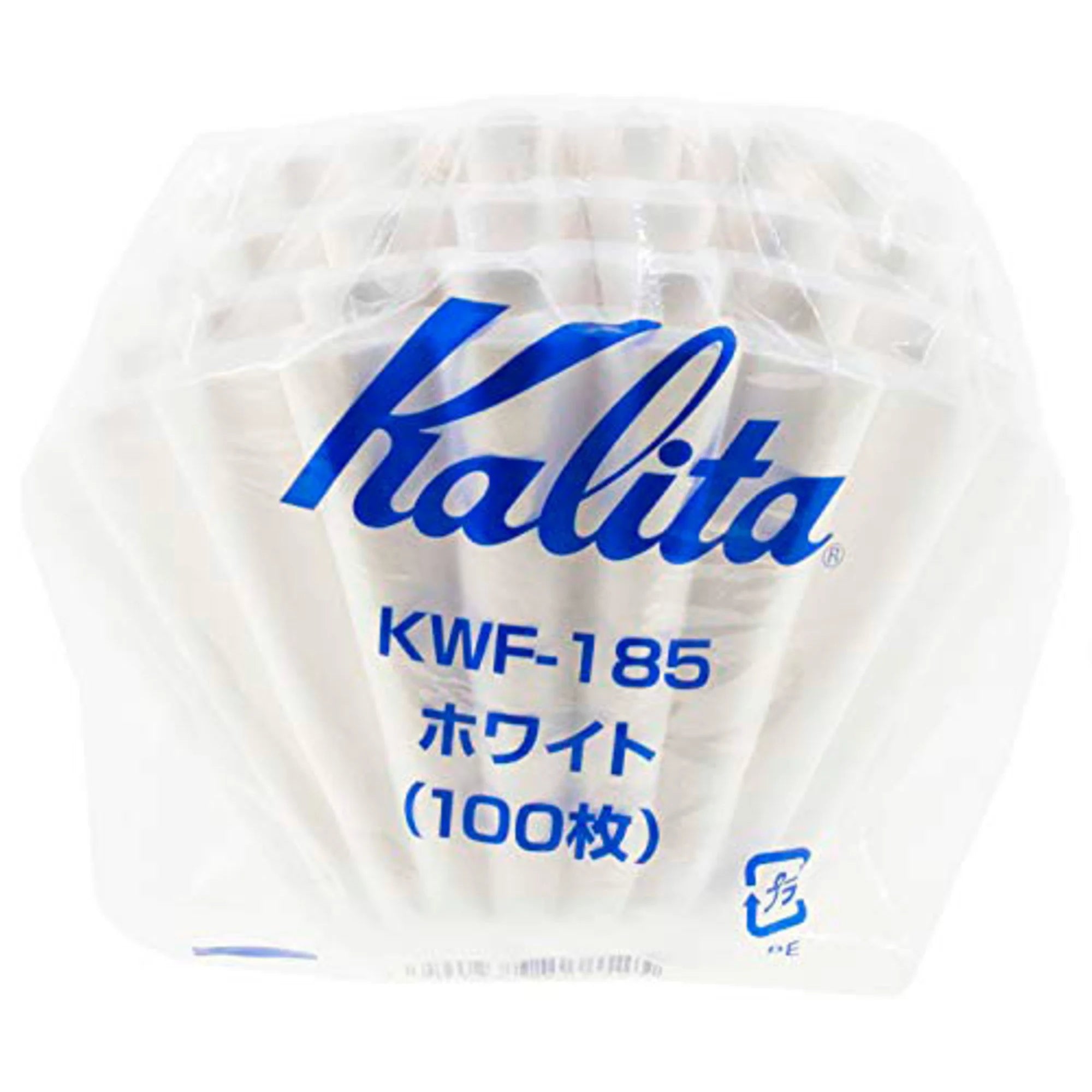 Pakke med Kalita Wave-185 kaffefiltre på hvid baggrund.