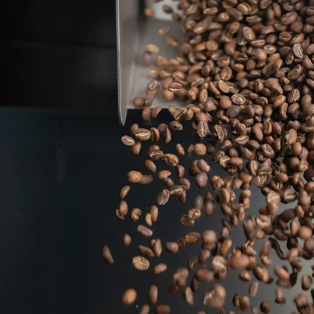 Kaffebønner hældes fra rister