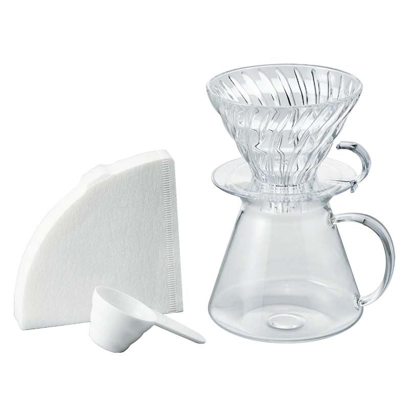 hario v60 sæt, glaskande, glas tragt med plastikhank- og fod, kaffefiltre 