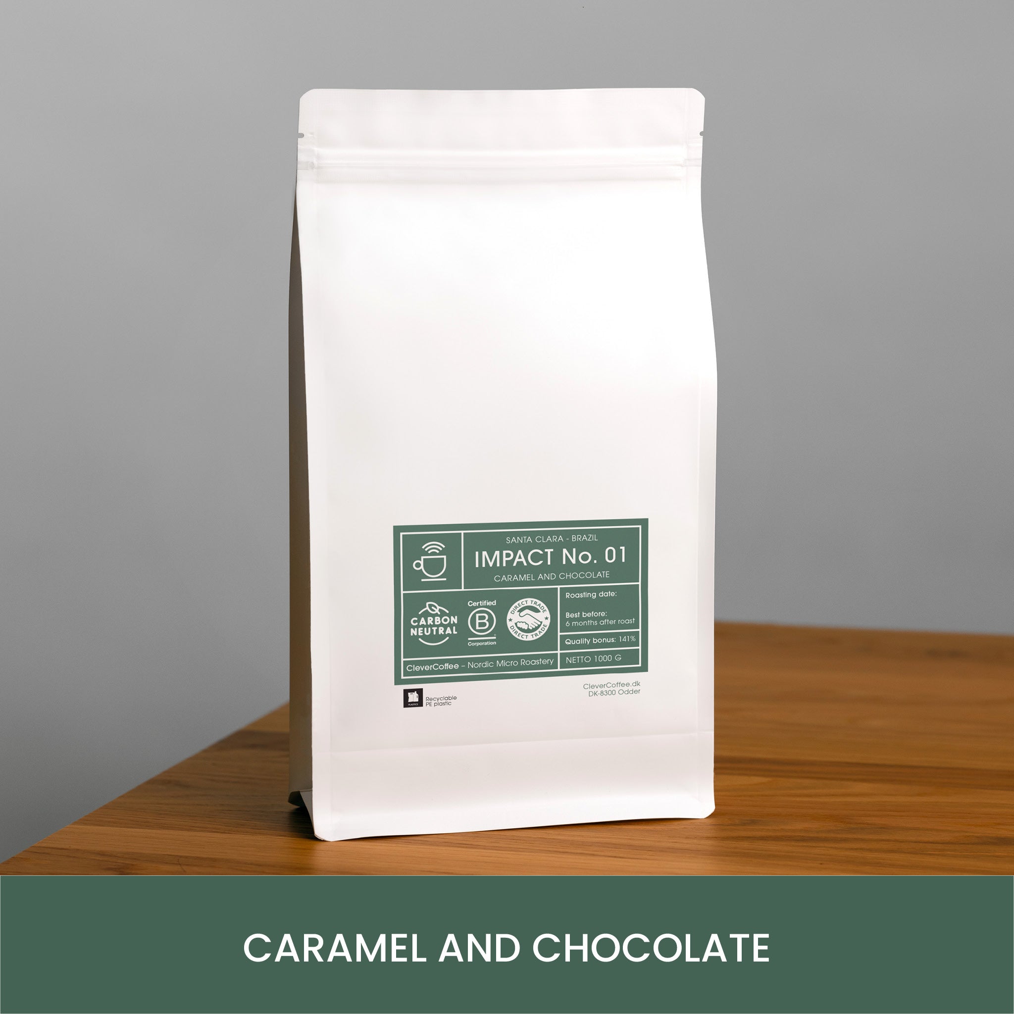 1 kg kaffepose, impact no. 01, caramel og chokolade, co2 neutral, b corp, direkte handlet 