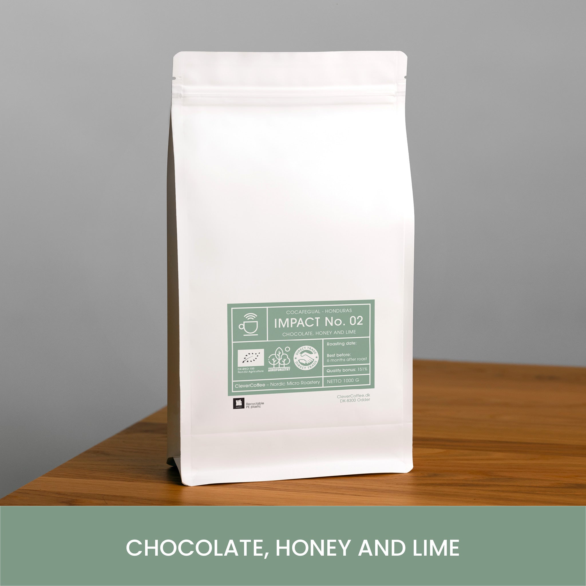 1 kg kaffepose, impact no. 02, chokolade, honning, og lime, økologisk, skovlandbrug og direkte handlet 