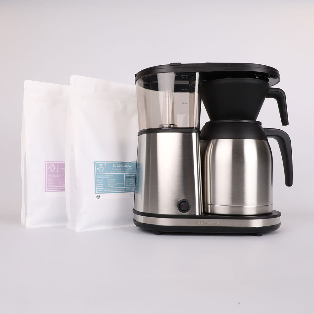 kaffebundle med to 1 kg kaffeposer og en bonavita filterkaffemaskine 